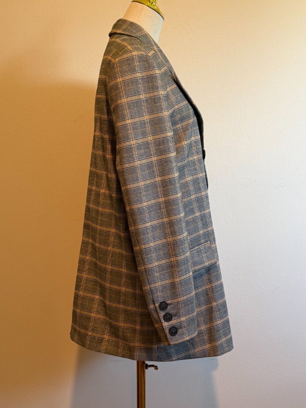 Free People Long Plaid Blazer Jacket Grey Gold Large - Picture 9 of 12